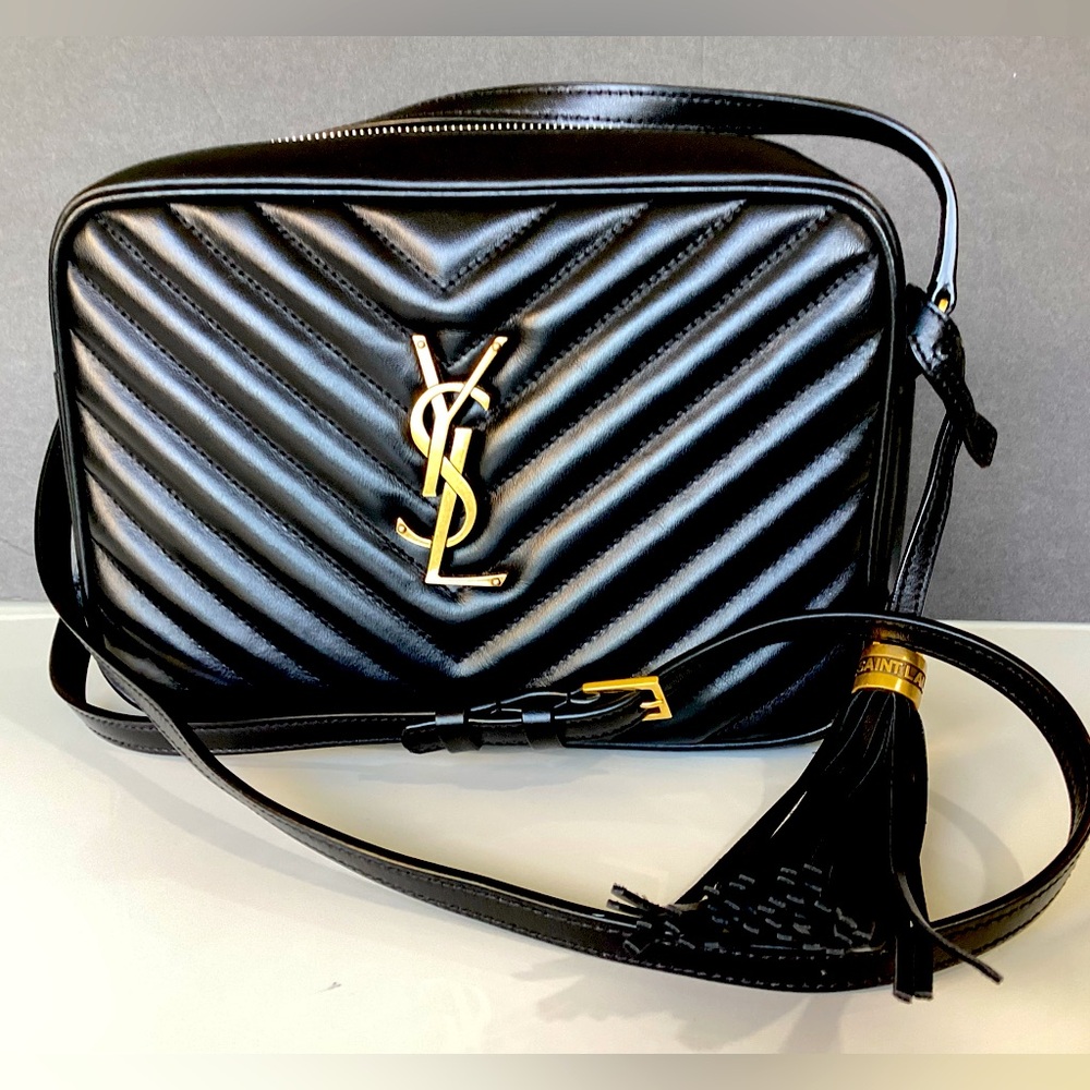 Saint Laurent Black Chevron Quilted Leather Camera Bag with Gold YSL Hardware